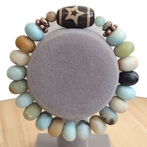 Hand Crafted Dzi Bead Bracelet Amulet Sun Moon Stars Design With Matte Amazonite